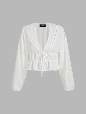 White Drawstring Cider V-Neck Peplum Top, Size S